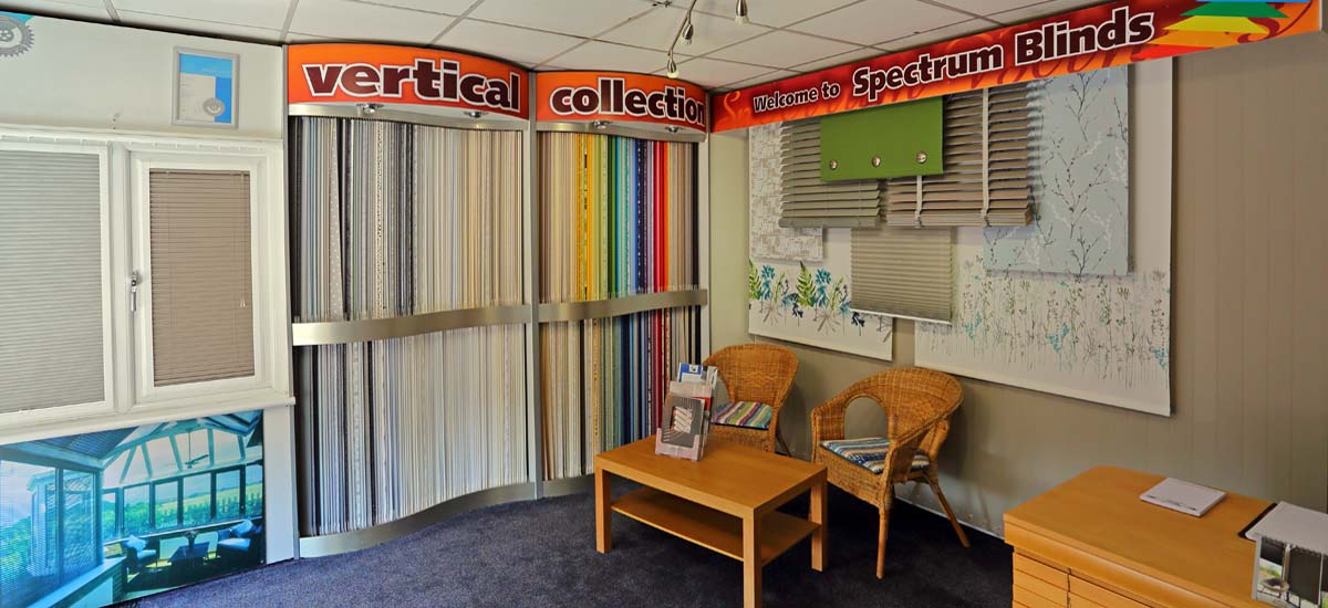 Vertical blinds on display in our showroom.